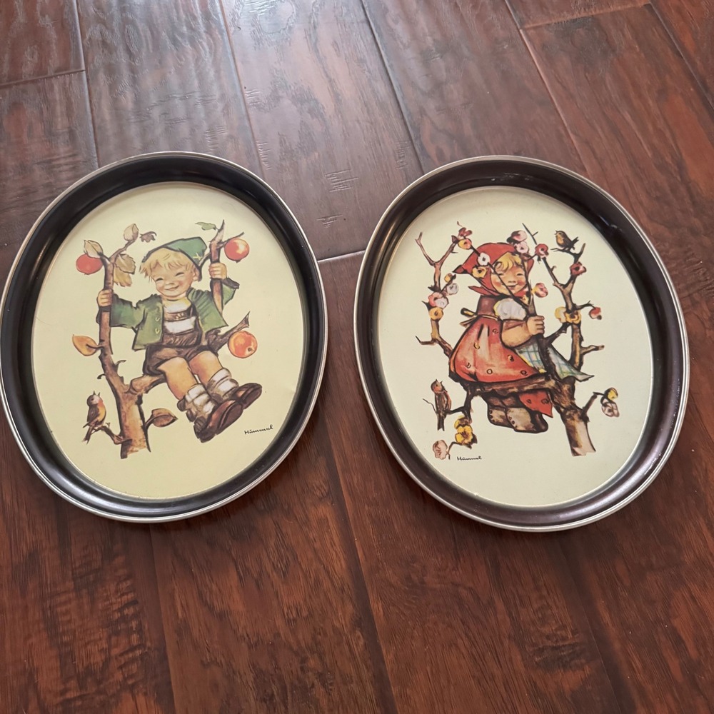 Vintage Hummel Goebel Cottage Metal Serving Trays 1982 Apple Tree Boy Girl Set